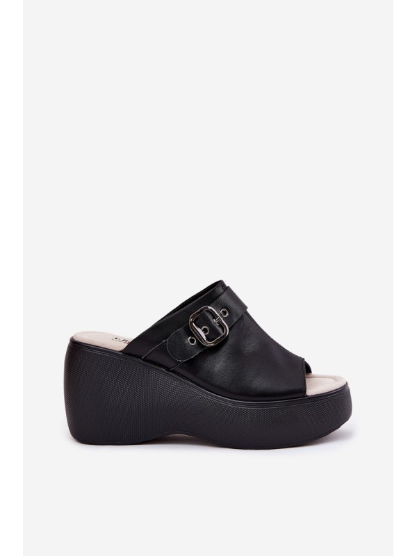 Leather Women's Sandals On Platform And Wedge With Buckle Black S.Barski LR51-542