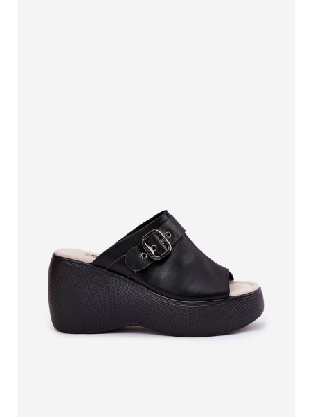 Leather Women's Sandals On Platform And Wedge With Buckle Black S.Barski LR51-542