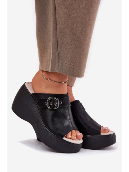 Leather Women's Sandals On Platform And Wedge With Buckle Black S.Barski LR51-542