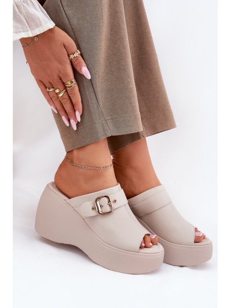Leather Women's Sandals On Platform And Wedge With Buckle Beige S.Barski LR51-542
