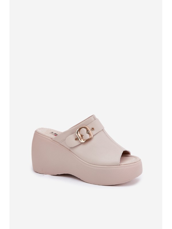 Leather Women's Sandals On Platform And Wedge With Buckle Beige S.Barski LR51-542