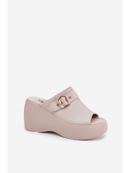 Leather Women's Sandals On Platform And Wedge With Buckle Beige S.Barski LR51-542