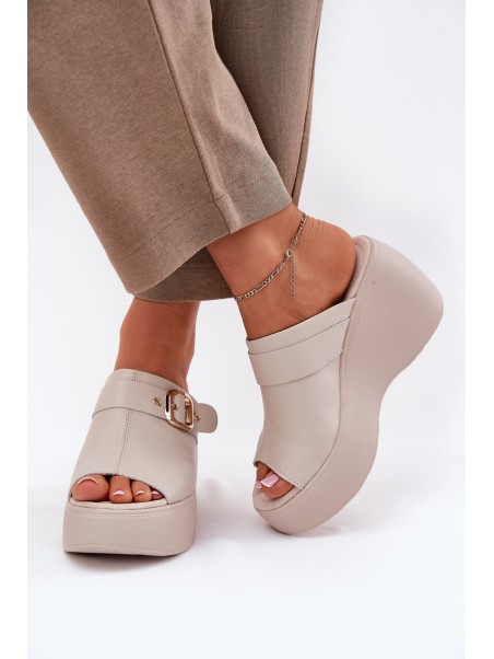 Leather Women's Sandals On Platform And Wedge With Buckle Beige S.Barski LR51-542
