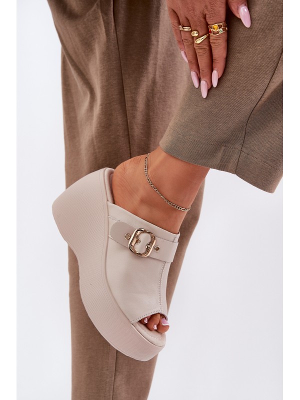Leather Women's Sandals On Platform And Wedge With Buckle Beige S.Barski LR51-542