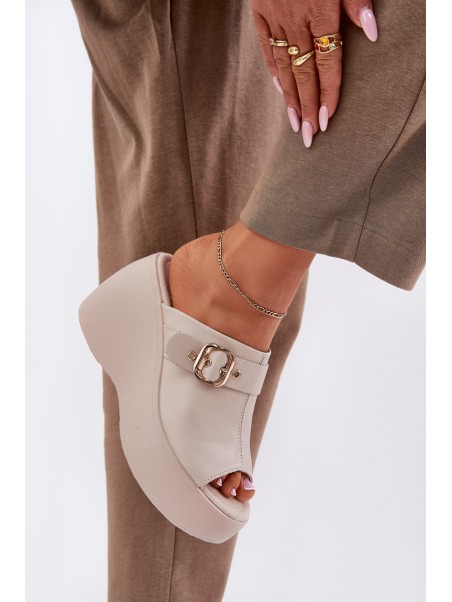 Leather Women's Sandals On Platform And Wedge With Buckle Beige S.Barski LR51-542
