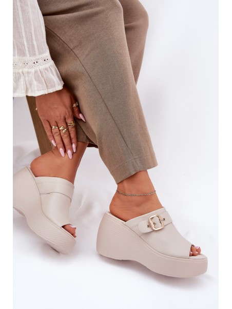 Leather Women's Sandals On Platform And Wedge With Buckle Beige S.Barski LR51-542