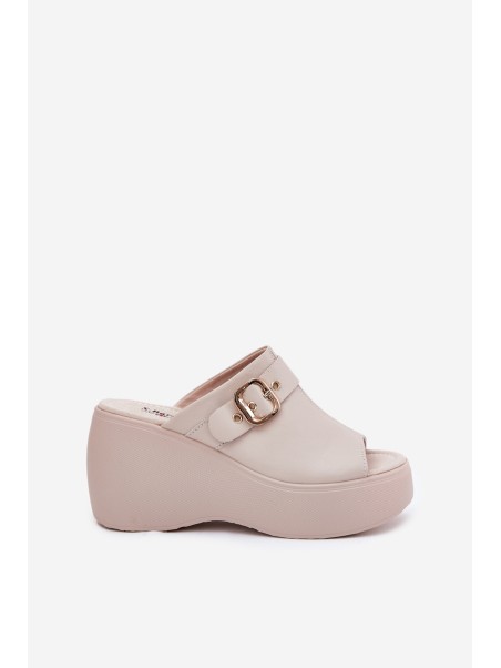 Leather Women's Sandals On Platform And Wedge With Buckle Beige S.Barski LR51-542