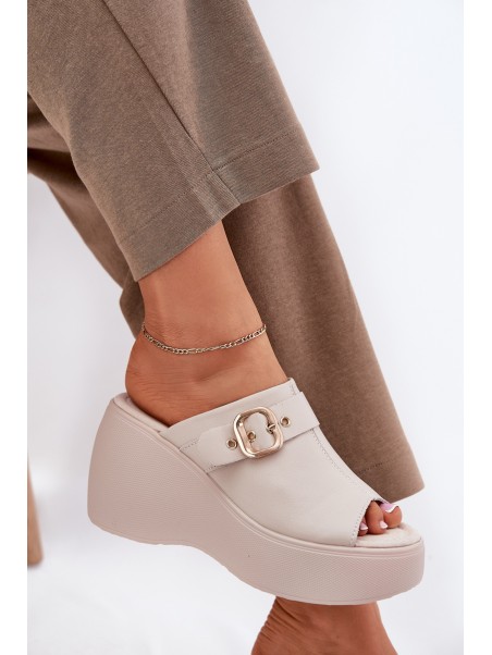 Leather Women's Sandals On Platform And Wedge With Buckle Beige S.Barski LR51-542