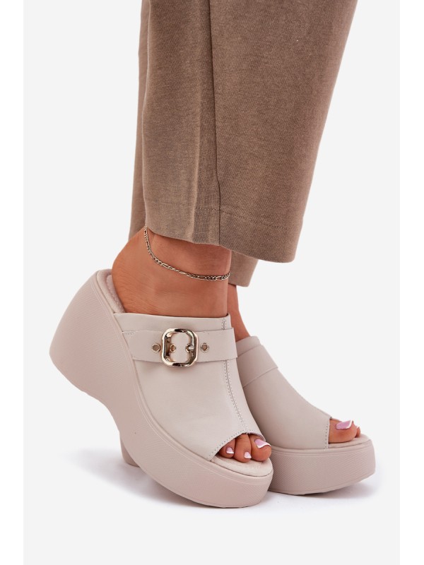 Leather Women's Sandals On Platform And Wedge With Buckle Beige S.Barski LR51-542