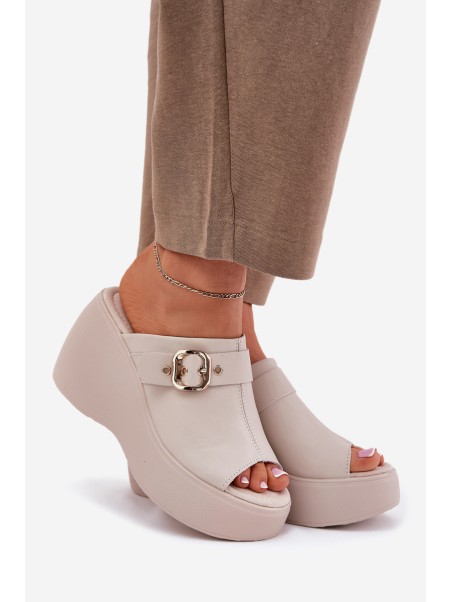 Leather Women's Sandals On Platform And Wedge With Buckle Beige S.Barski LR51-542