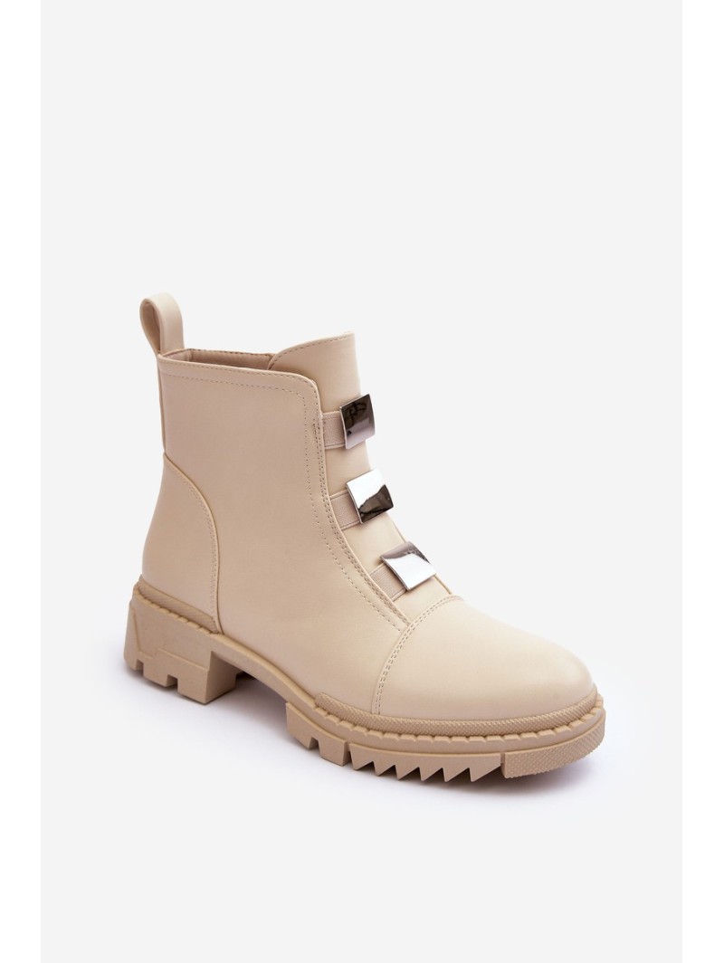 Leather Boots on Flat Heel Light Beige Azulenn