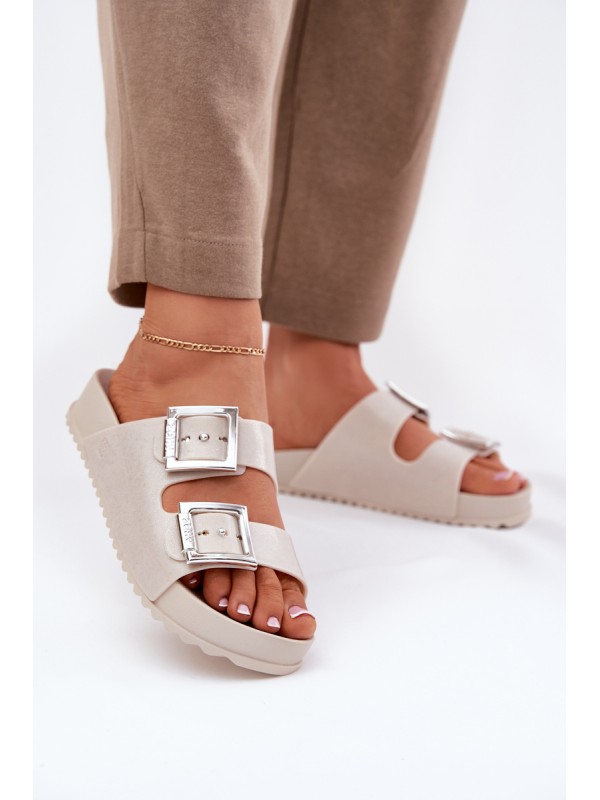 Scented Ladies Slippers With Buckles And Glitter Beige RR285056
