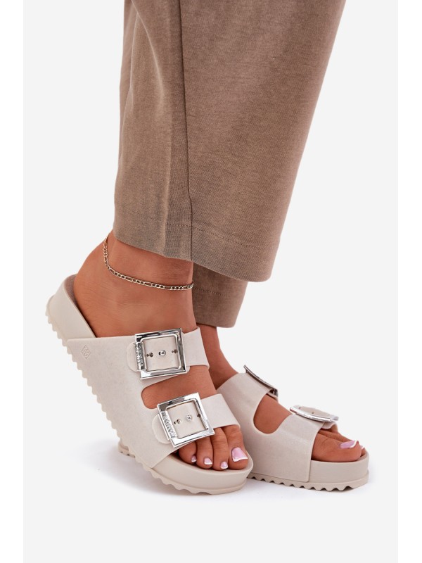 Scented Ladies Slippers With Buckles And Glitter Beige RR285056