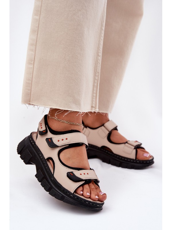 Leather Women's Sandals With Velcro Beige Artiker 56C0471