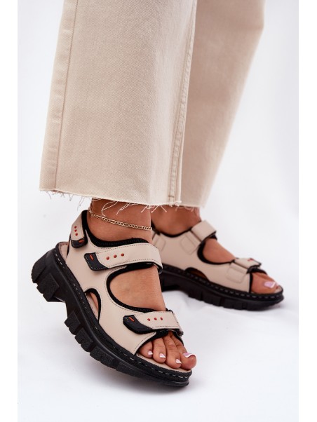 Leather Women's Sandals With Velcro Beige Artiker 56C0471