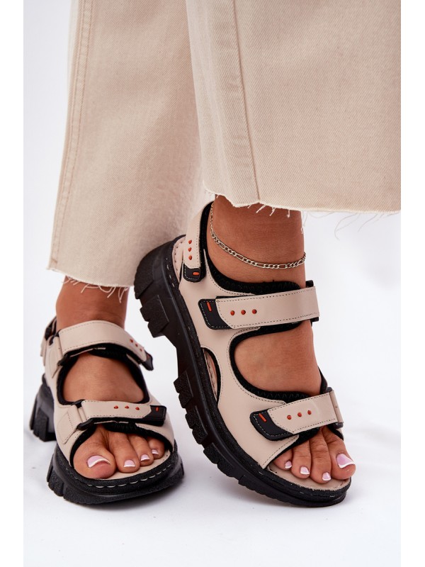 Leather Women's Sandals With Velcro Beige Artiker 56C0471 2