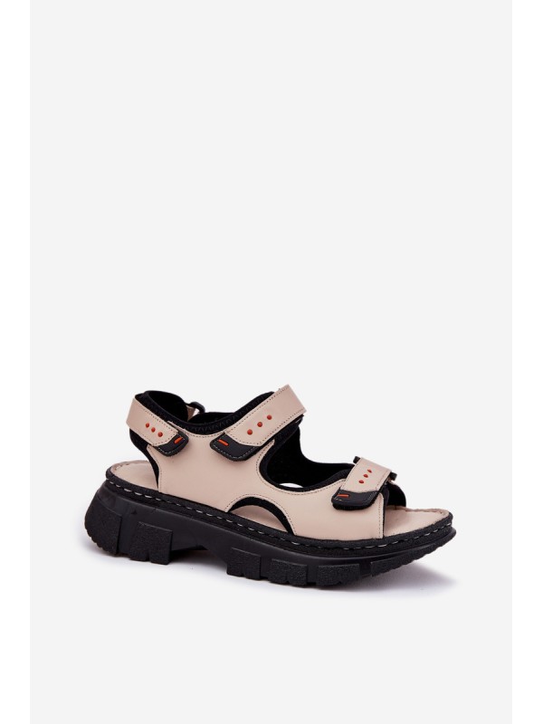 Leather Women's Sandals With Velcro Beige Artiker 56C0471