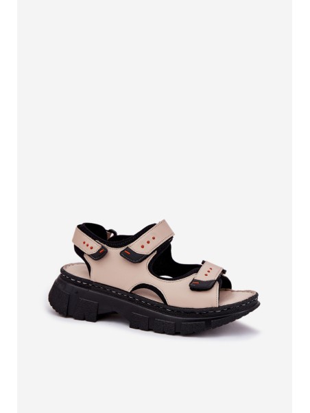 Leather Women's Sandals With Velcro Beige Artiker 56C0471