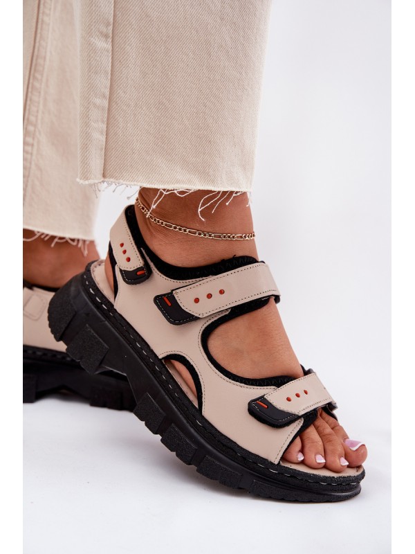 Leather Women's Sandals With Velcro Beige Artiker 56C0471