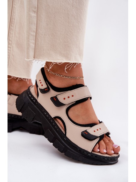 Leather Women's Sandals With Velcro Beige Artiker 56C0471