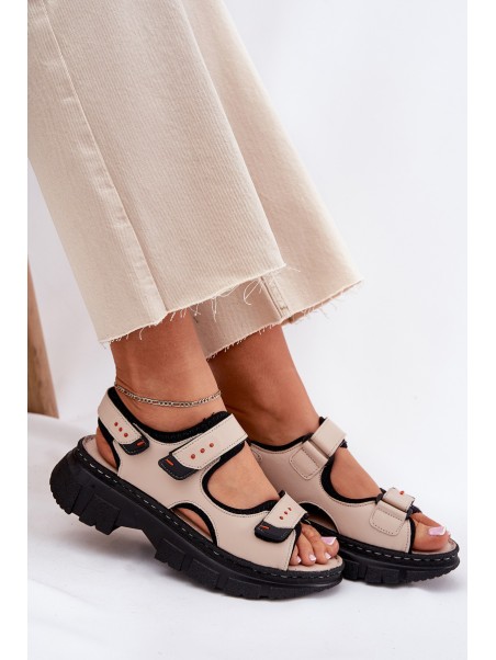 Leather Women's Sandals With Velcro Beige Artiker 56C0471