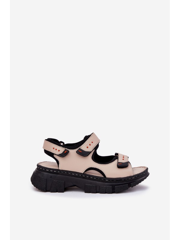 Leather Women's Sandals With Velcro Beige Artiker 56C0471