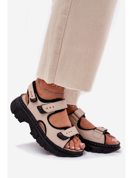 Leather Women's Sandals With Velcro Beige Artiker 56C0471