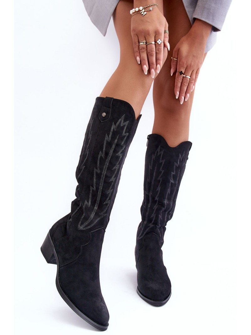 Low Heel Cowboy Suede Boots Black Lunah