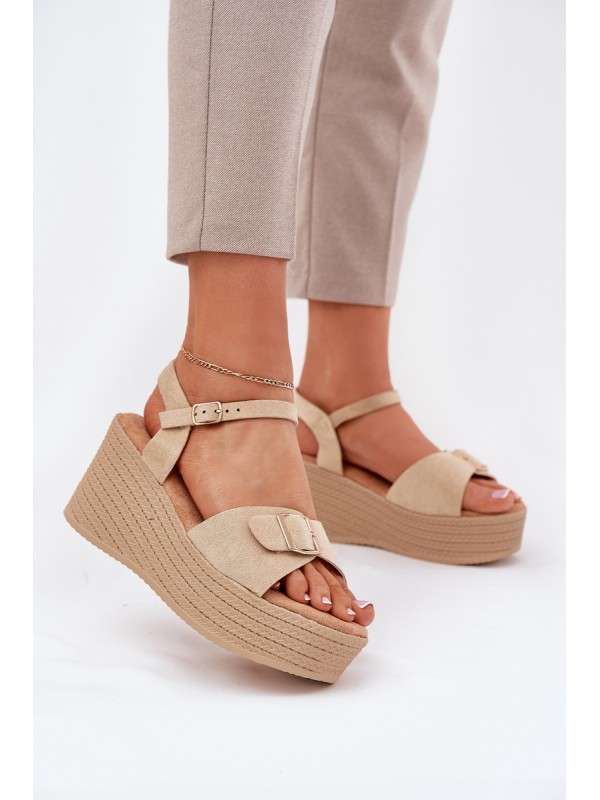 Wedge Heeled Sandals With Buckle Khaki Liniella