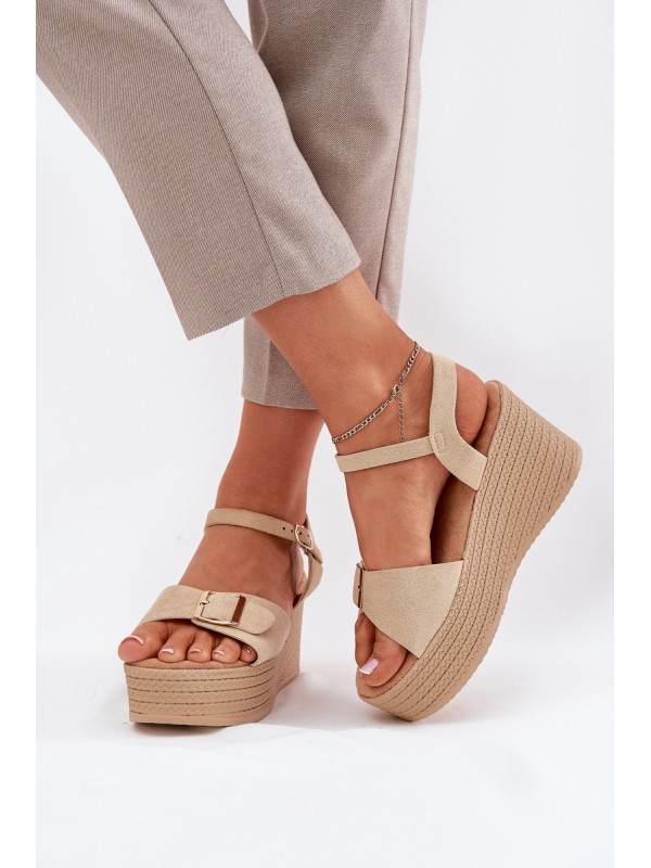 Wedge Heeled Sandals With Buckle Khaki Liniella