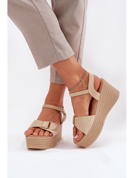Wedge Heeled Sandals With Buckle Khaki Liniella
