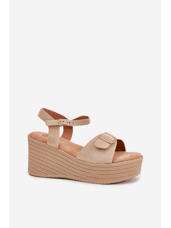 Wedge Heeled Sandals With Buckle Khaki Liniella