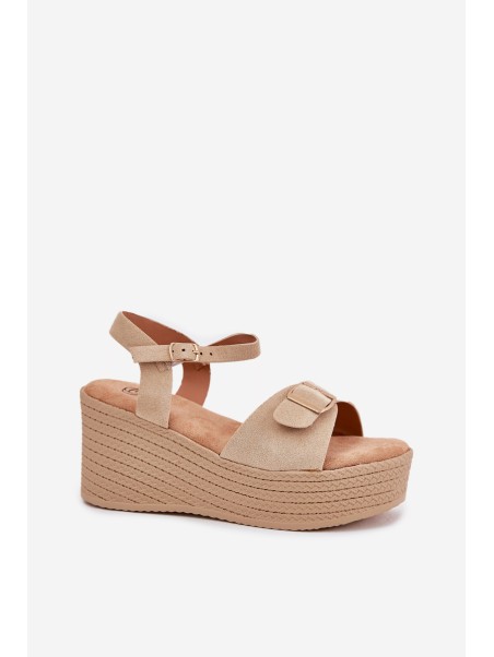 Wedge Heeled Sandals With Buckle Khaki Liniella