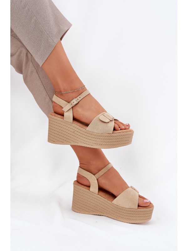 Wedge Heeled Sandals With Buckle Khaki Liniella