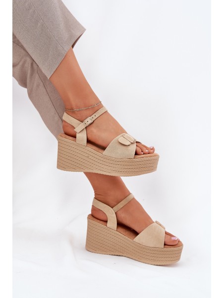 Wedge Heeled Sandals With Buckle Khaki Liniella