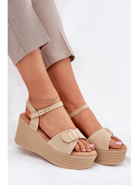 Wedge Heeled Sandals With Buckle Khaki Liniella