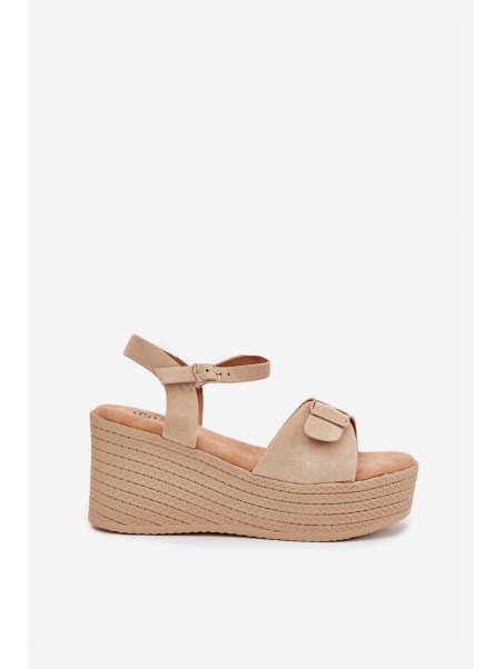 Wedge Heeled Sandals With Buckle Khaki Liniella
