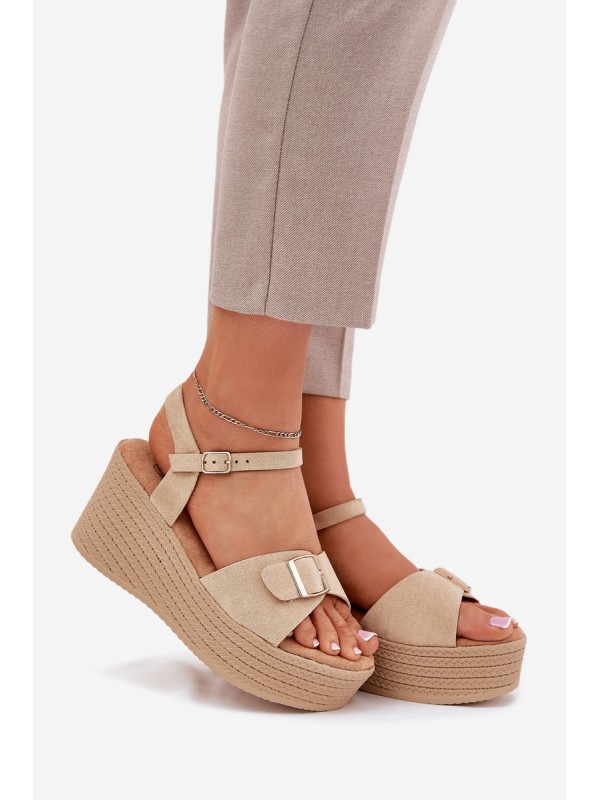 Wedge Heeled Sandals With Buckle Khaki Liniella