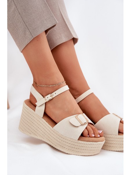 Wedge Sandals For Women With Buckle Beige Liniella