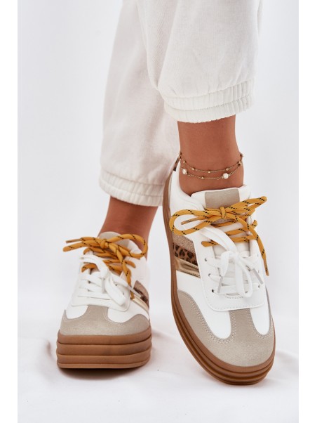 Womens Platform Sneakers With Double Lacing Leopard Print White Niteria
