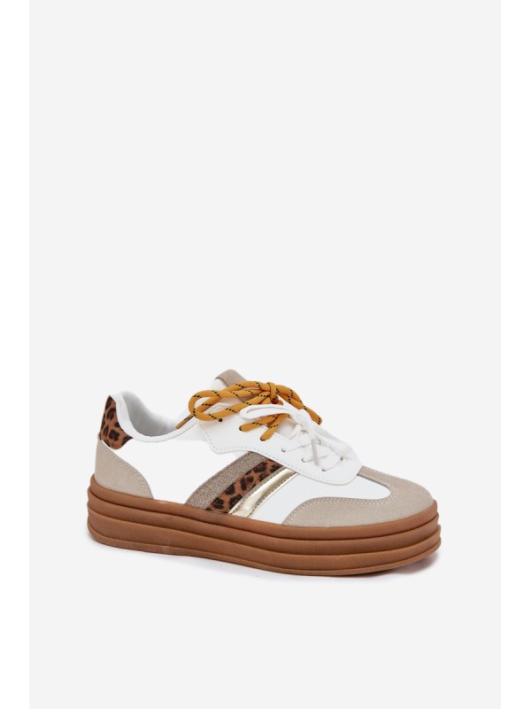 Womens Platform Sneakers With Double Lacing Leopard Print White Niteria