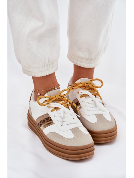 Womens Platform Sneakers With Double Lacing Leopard Print White Niteria