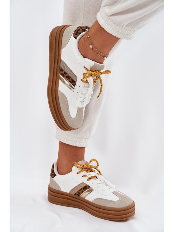 Womens Platform Sneakers With Double Lacing Leopard Print White Niteria