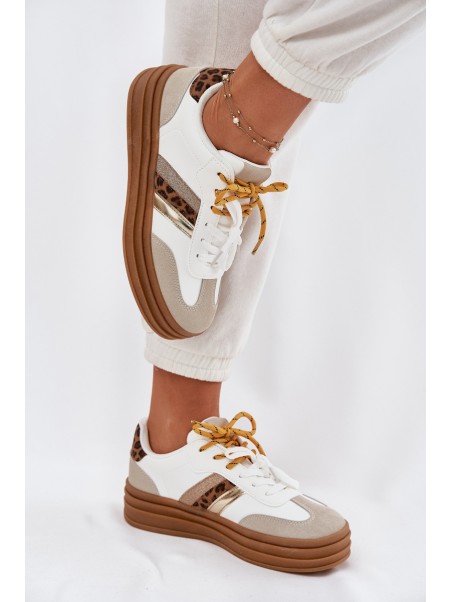 Womens Platform Sneakers With Double Lacing Leopard Print White Niteria