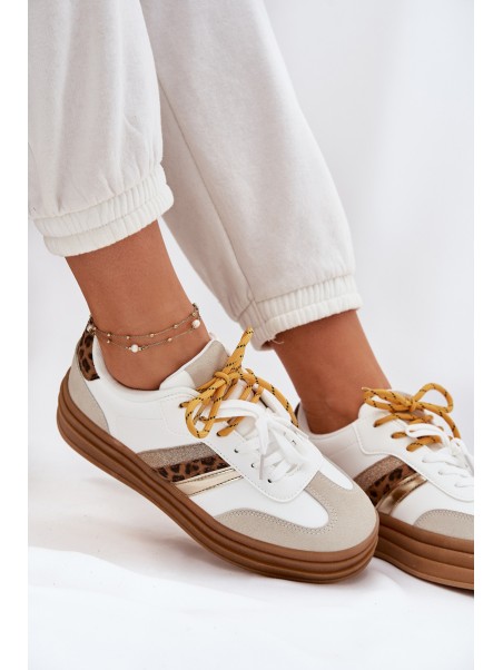 Womens Platform Sneakers With Double Lacing Leopard Print White Niteria