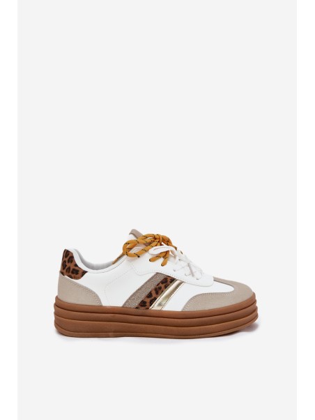 Womens Platform Sneakers With Double Lacing Leopard Print White Niteria