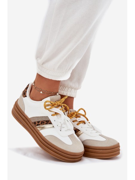 Womens Platform Sneakers With Double Lacing Leopard Print White Niteria