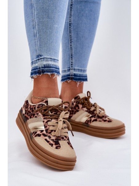 Women's Platform Sneakers With Double Lacing Leopard Beige Niteria