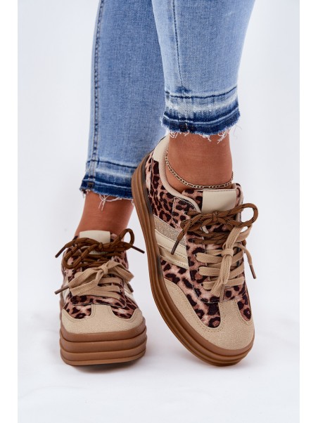 Women's Platform Sneakers With Double Lacing Leopard Beige Niteria