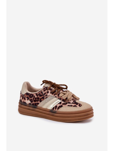 Women's Platform Sneakers With Double Lacing Leopard Beige Niteria